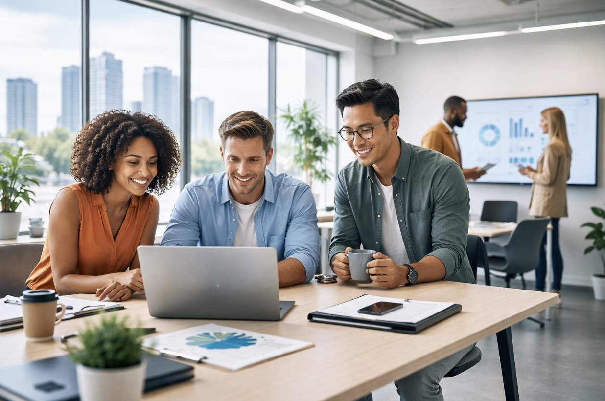 Professionisti che lavorano davanti ad un pc portatitle | Concetto di edificio intelligente